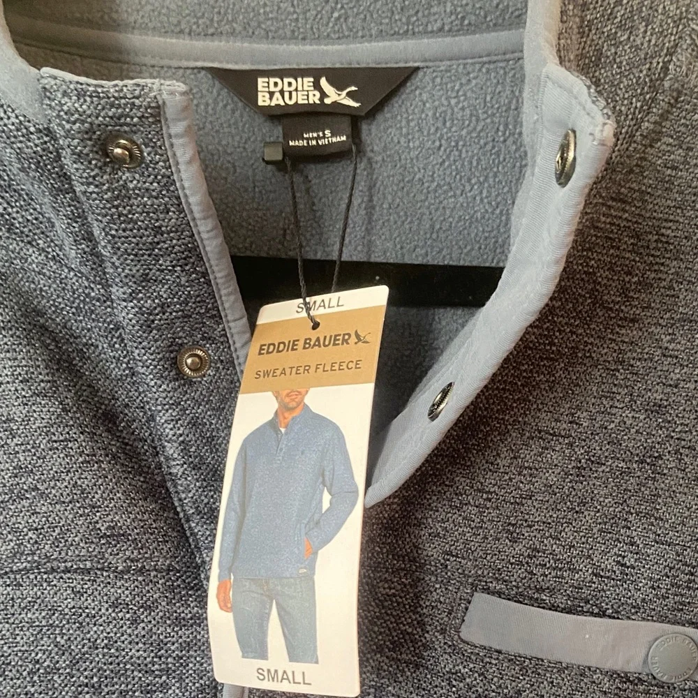 NWT Eddie Bauer Men's Fleece Quarter-Snap Pullover Sweater Blue Small